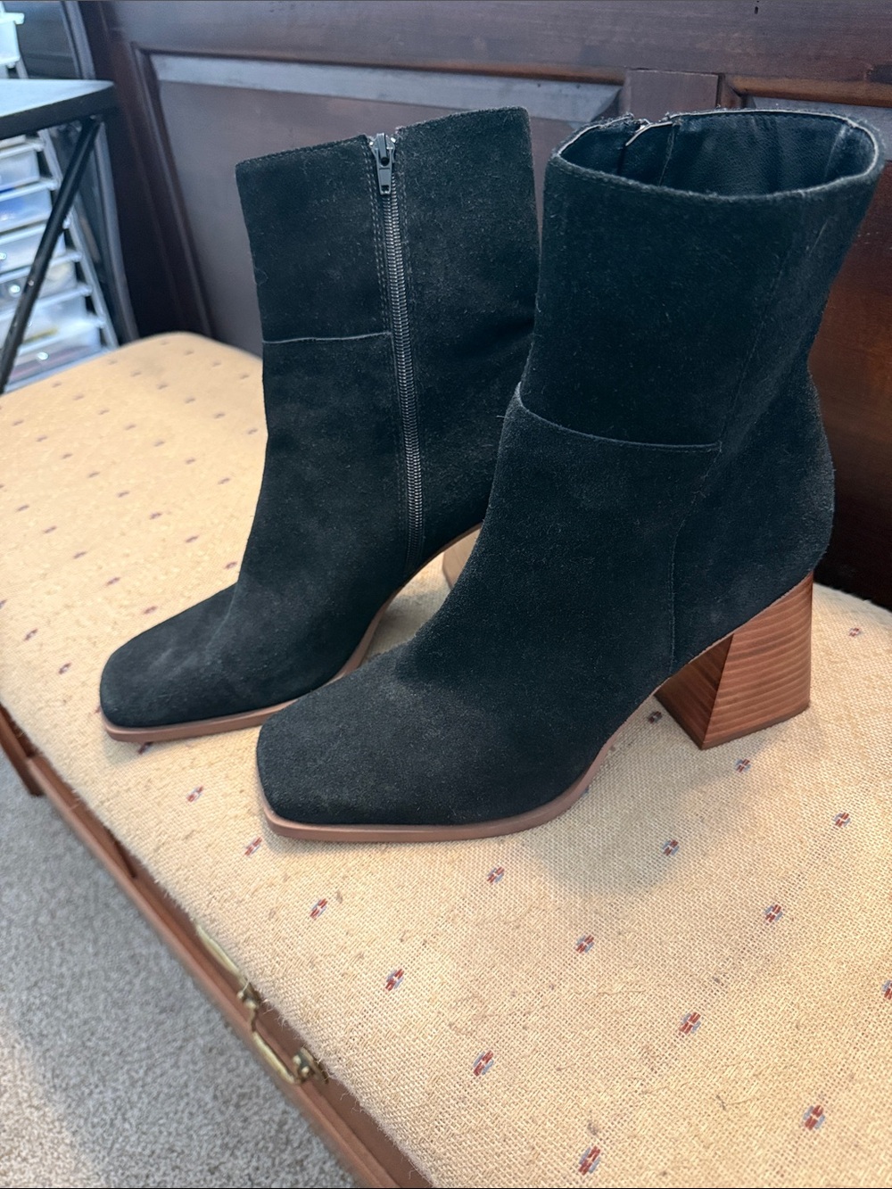 Crown Vintage Black Suede Block Heel Ankle Boots